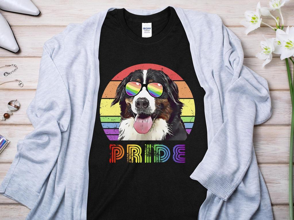 Bernese Mountain Dog Pride Dog T-Shirt, Colorful Rainbow Dog with Sunglasses, LGBTQ Pride Month Tee, Unisex Graphic Shirt, Pet Lover Gift