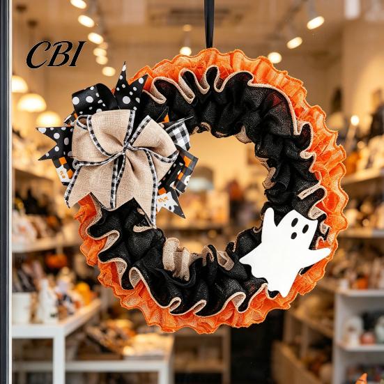 Spooky Door Wreath 15 Inch Halloween for Front Door, Rustic Ruffle with Home Decoration Ghost And Burlap Bow Fireplace Walls Windows Gothic