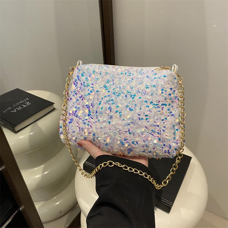 Black And White Sparkly Underarm Bag Women 2024 New Spring Nightclub Chain Small Square Bag Street Fashion