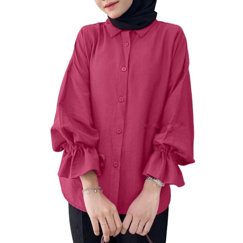 

ZANZEA Женская повседневная свободная блузка с отложным воротником и длинными рукавами XL ярко-розовый