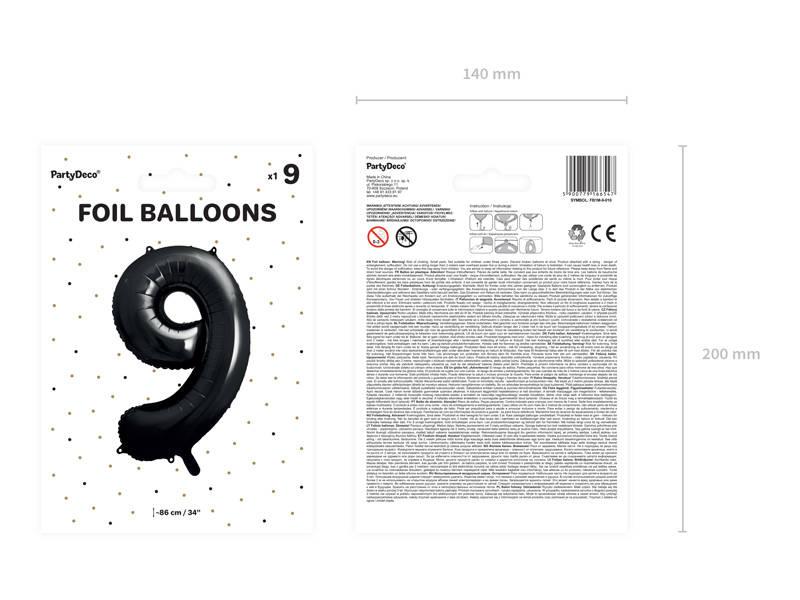 Balon Foliowy Cyfra 9 Czarna, 86Cm