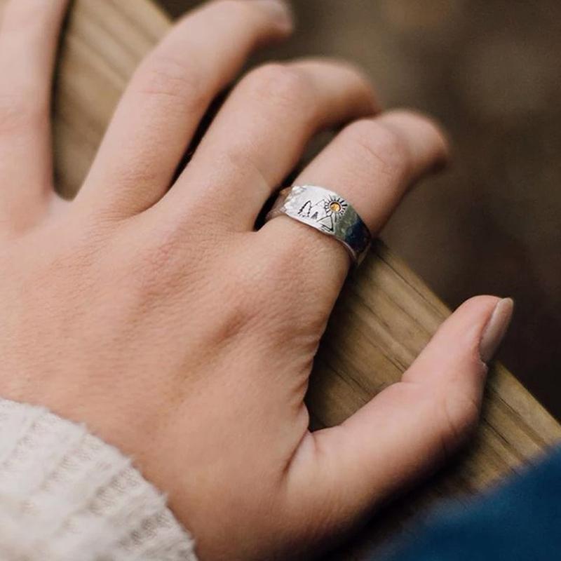 Vintage Ring Forest Mountain Sunset Nature Landscape Carved Ring For Women Men Open Adjustable Jewelry Fashion Ring