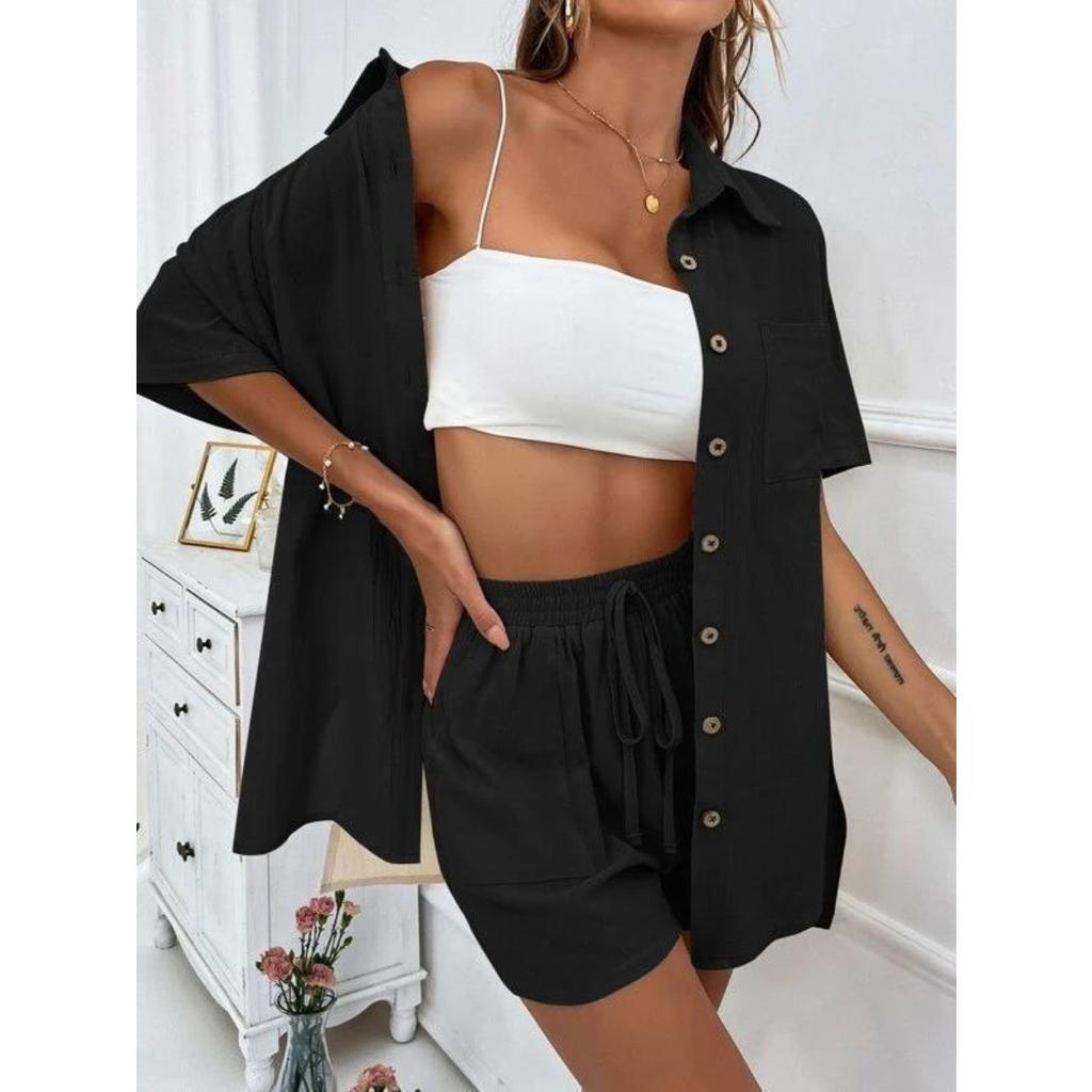 Women's Loose Fit Two-piece Set Short Sleeve Shirt Elastic Waist Shorts Casual Streetwear Matching Co-ord
