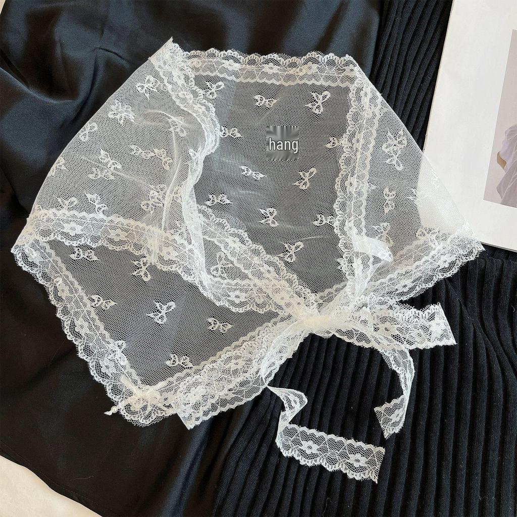 2026 Pastoral Style Lace Triangle Scarf Headband - Sweet Temperament Retro Plaid Ribbon Accessory.
