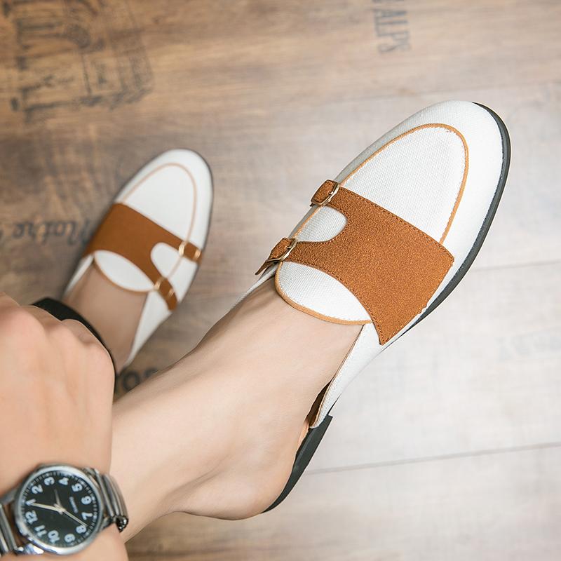 Canvas Men Semi-Drag Casual Shoes Slip On Flats Half Shoes For Men Backless Loafers Slipper Closed Toe Sandals Mules Man Slides