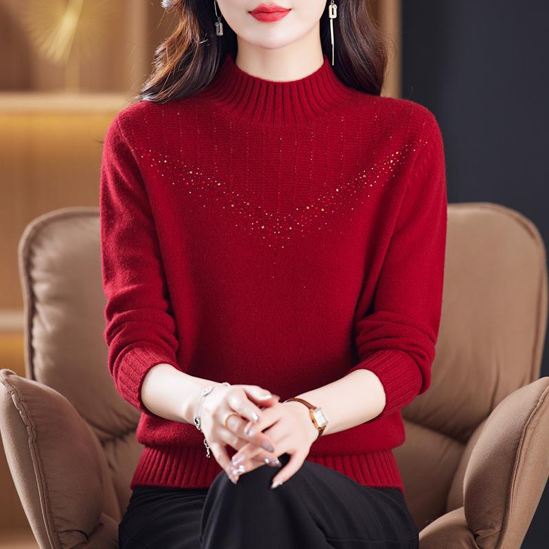 Women's Thick 100% Pure Wool Half-High Collar Sweater - New Autumn/Winter Style for Middle-Aged and Elderly