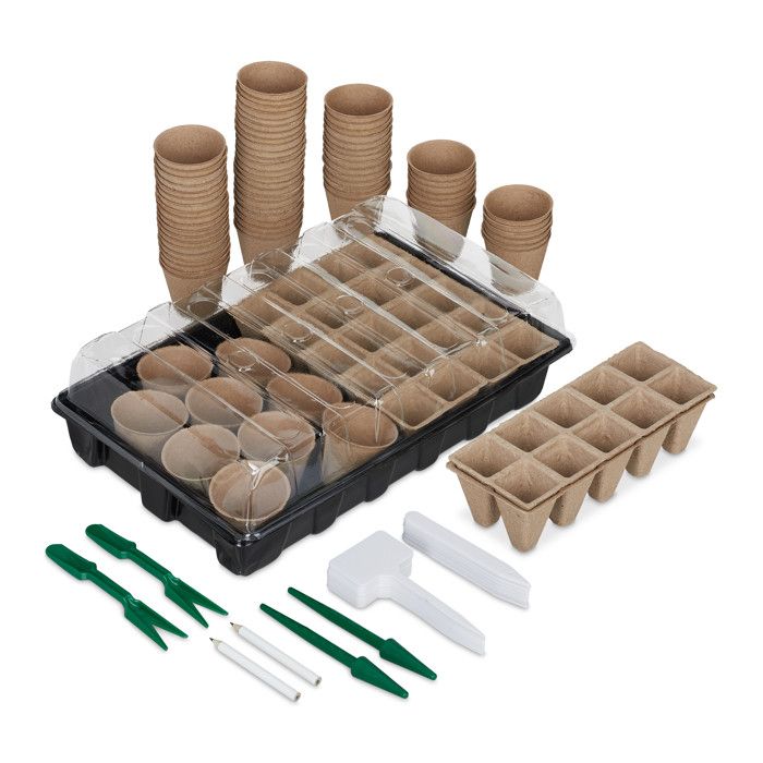 Relaxdays Kit germination graines, 131 pièces, plantes, plantation, godets semis, outils de repiquage, étiquettes, noir