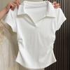 Solid Color Sweet Spice Girl Short Polo Collar Shoulder T-shirt Summer New Pleated Waist Short Sleeve Chic Top