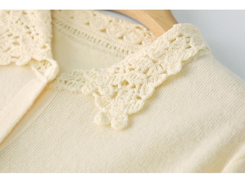 100% Mercerized Wool Crochet Lace Polo Collar Casual Versatile Knit Cardigan for Women