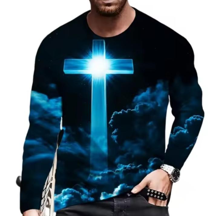 Christian Letter Pattern JESUS Vintage Men's T-Shirt Long Sleeve Crew Neck 3D Printed T-Shirt Sports Oversized Men Clothing