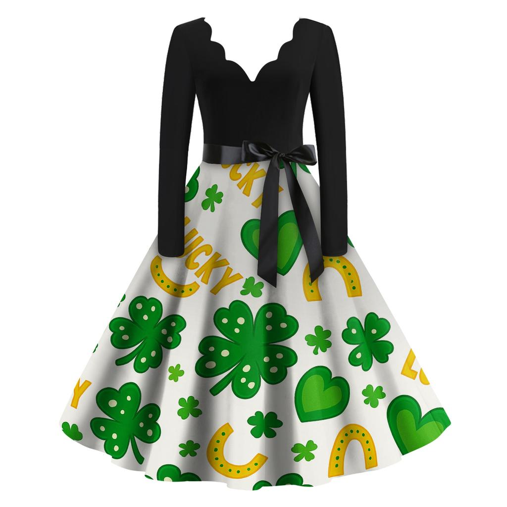Women's Casual Fashion Printed V-Neck Retro Long-Sleeve Dress