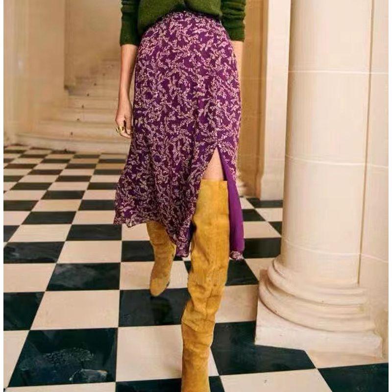 Lady Vintage Floral Purple Mid Length Long Length Chiffon Skirt