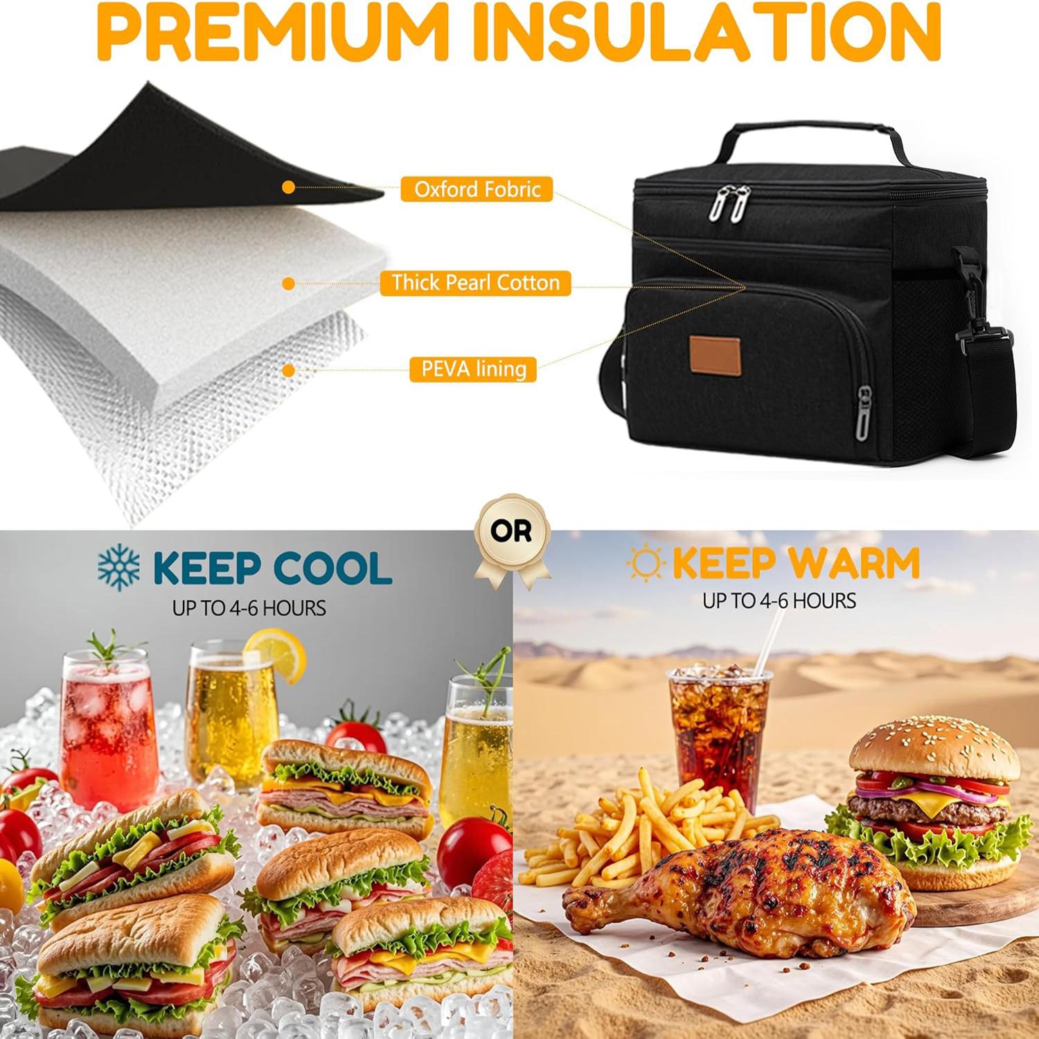 Insulated Lunch Bag for Women/Men, Leakproof Lunch Cooler Bag with Adjustable Shoulder Strap, 4 Pockets, Ideal for Work, Picnic, colore blu scuro