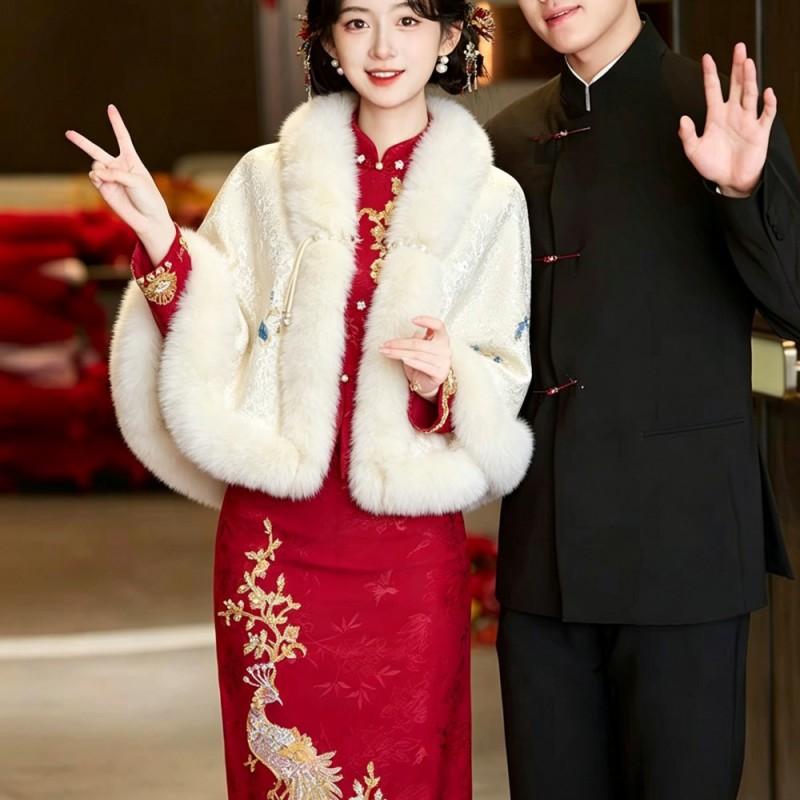 Winter Solid Color Knit Cape Shawl With Fur Trim Warm Cheongsam Outerwear Women