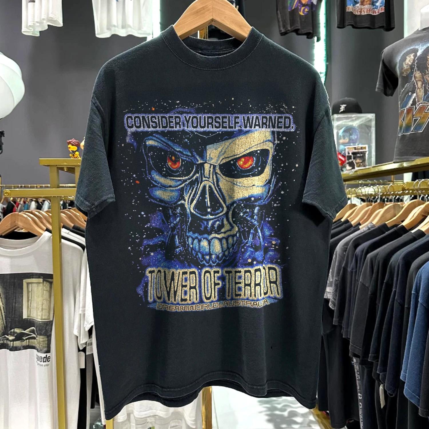 90s Dreamworld Tower Of Terror Consider Yourself Warned Promo T-Shirt Black L 3XL