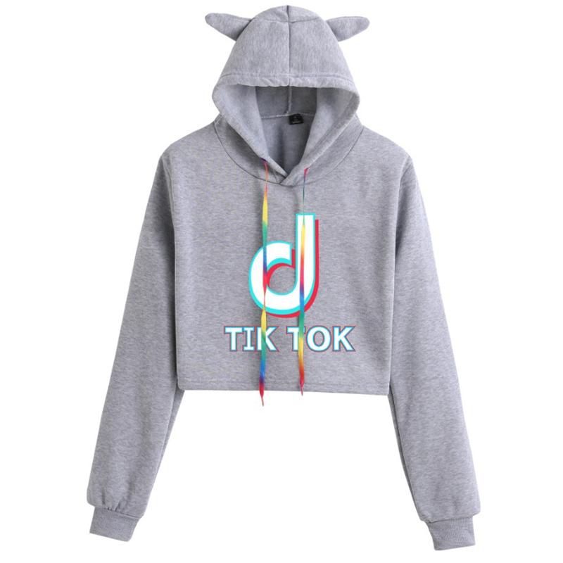 Women Tok Tik Short Pullover Hoodie Spring Autumn Sweatshirt Jumper Tops Crop
