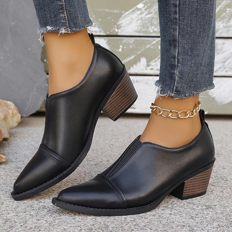 Western Style Elastic Single Shoes, British Style Pointed Toe, Thick Heel, Large Size Chelsea Small Leather Shoes for Women, 2025