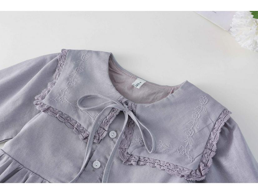 Girls' Spring Embroidered Lace Collar Long Sleeve Cotton Dress