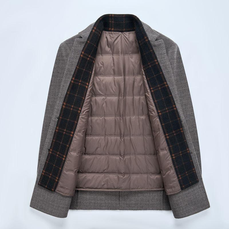 Winter double-sided woolen coat for men, middle-aged dad, suit collar, thick top, down lining, woolen woolen coat