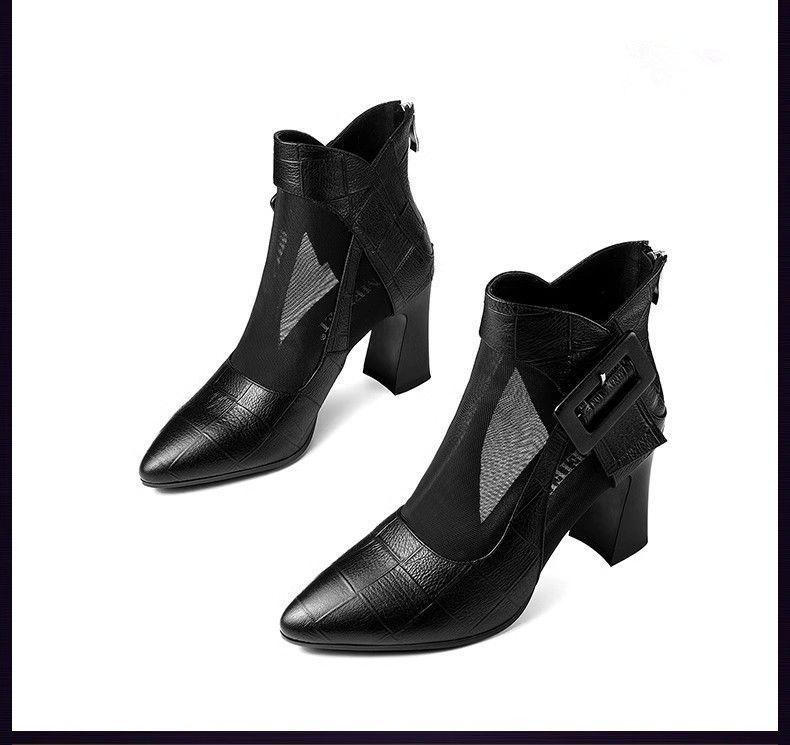 2025 Summer Women's Sexy Leather Mesh Cutout High Heel Sandals - Chunky Heel, Closed Toe, Chic and Cool Design