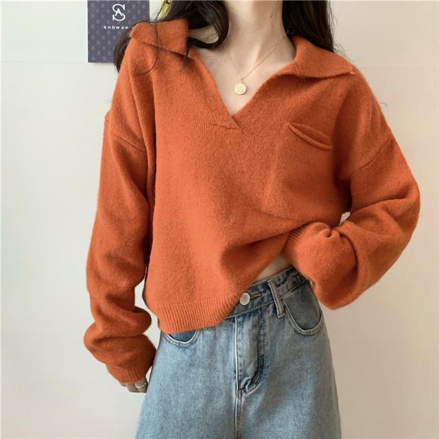 Women's Autumn Korean Style Loose Short Lapel Knit Sweater Long Sleeve Pullover for Students Suitable for Outer Wear or Inner Wear