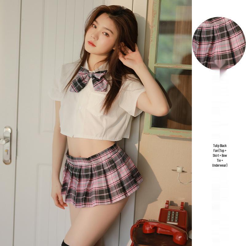 Sexy Transparent Plaid Two-Piece Lingerie Set with Skirt