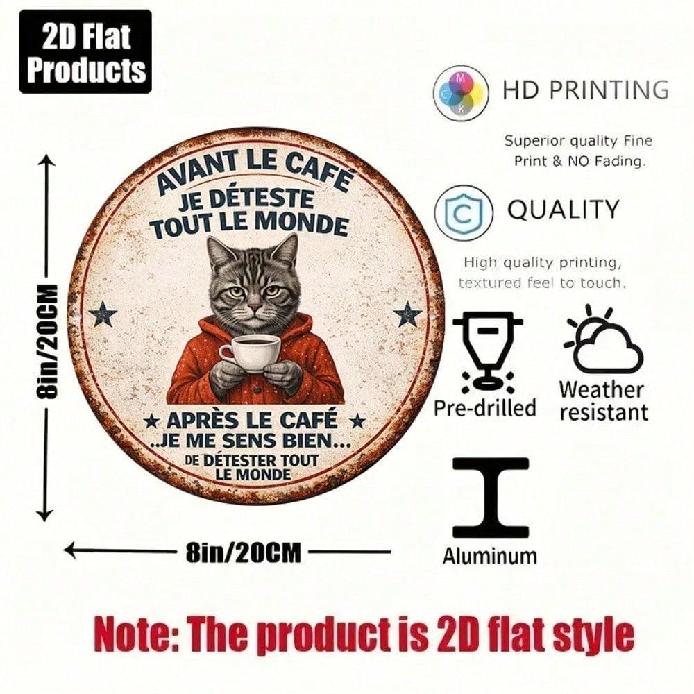 1pc 8x8in Vintage French Cat Metal Tin Sign Cute Pet Wall Art Round Plaque Home Cafe Decor