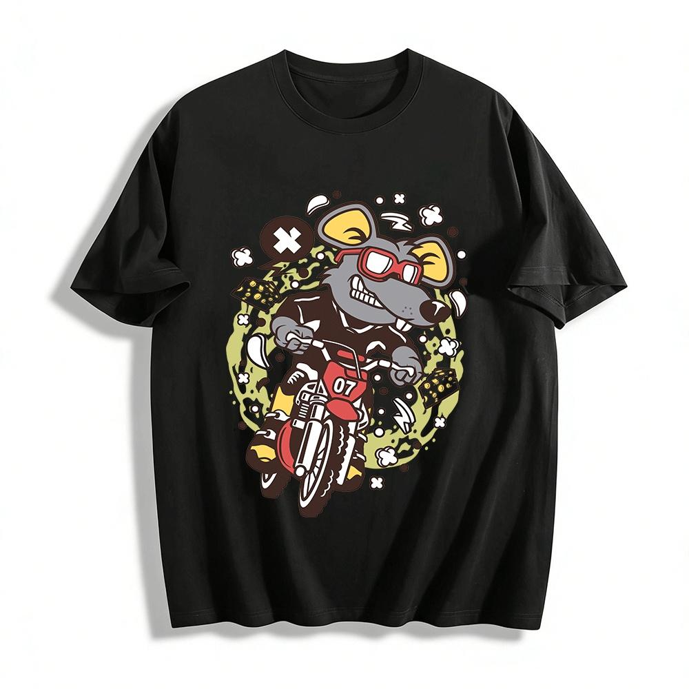 Cool Motorbike Mouse Print Casual Unisex Trendy Short Sleeve Tee Pure cotton T-shirt