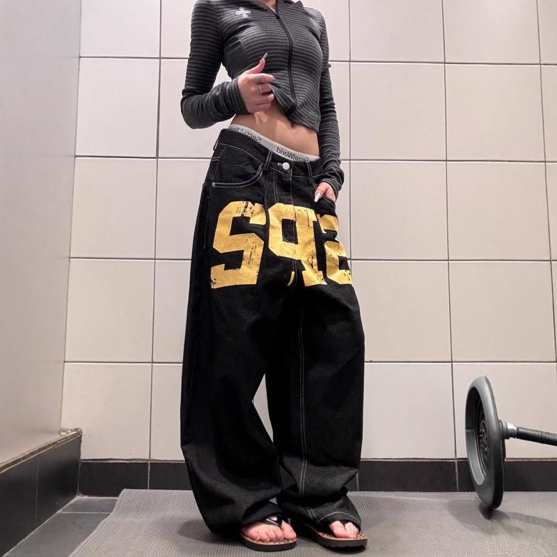 Jazz Dance Vintage Digital Print Wide Leg Jeans Loose Straight Casual Streetwear Pants Women