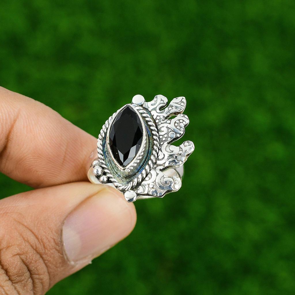 Gift For Women Stackable Adjustable Ring 925 Silver Natural Black Onyx Gemstone
