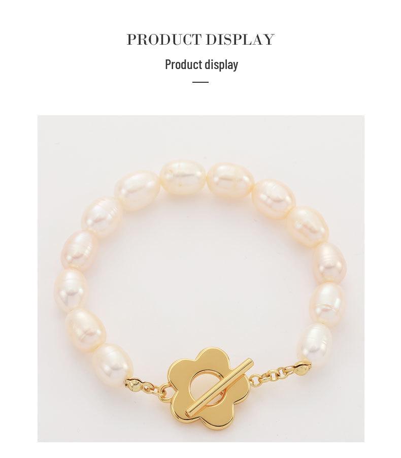 Copper Gold Floral Freshwater Pearl Bracelet for Women - Versatile European and American Fashion with OT Clasp