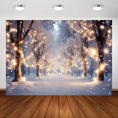 2D Glowing Winter Forest Scene Backdrop, Snowy Trees & Fairy Lights Photography Background