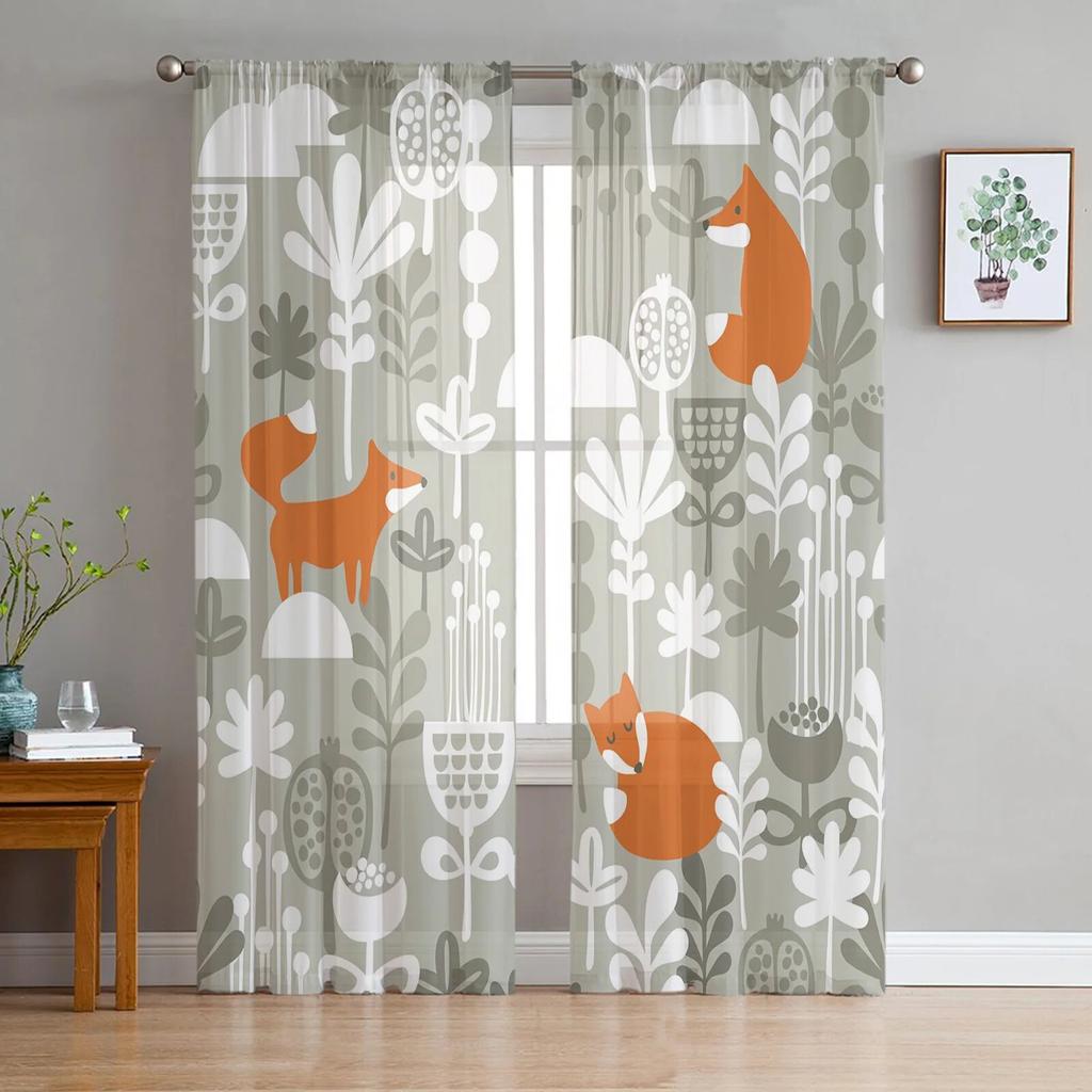 Animal Bird Fox Forest Winter Window Curtains for Living Room Kitchen Door Curtain Sheer Curtains for Bedroom