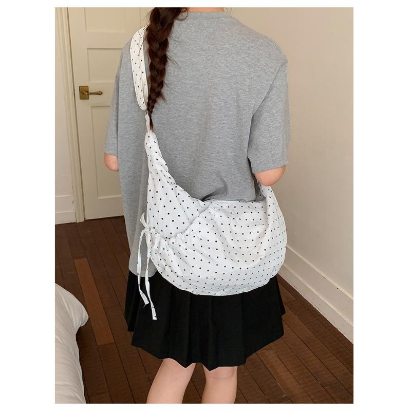 Cute Polka Dot Drawstring Crossbody Bag Korean Style Fashionable Shoulder Handbag Trendy Water Dumpling Bag for Women KTB
