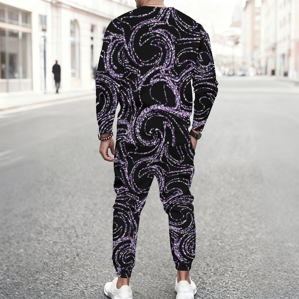 Men Black White Abstract Curve Line Print Long Sleeve Sweatshirt Jogger Pants Two Piece Suit