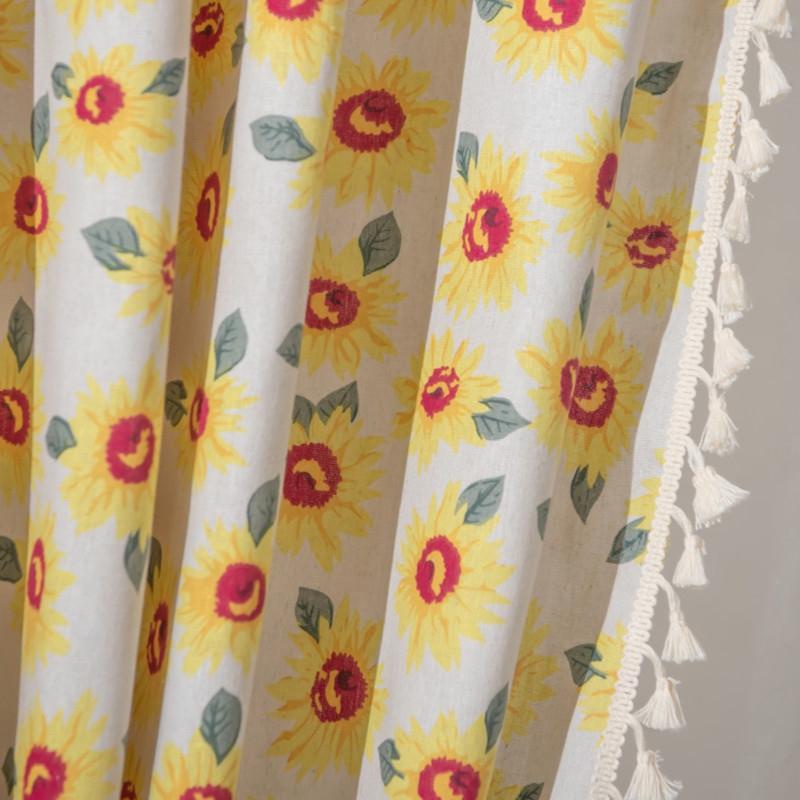 Sunflower Print Fringed Cotton Linen Curtains Semi-blackout Drape Fabric Rod Pocket Home Bedroom Living Room Valance