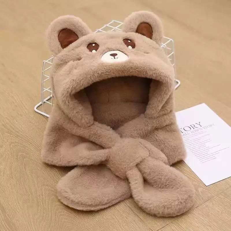 Autumn and winter warm children women and men cute hats and scarves integrated baby thickened cartoon ear protection girls versatile