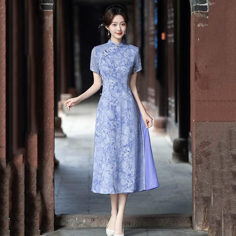 Womens Modern Chinese-Inspired Short Sleeve Cheongsam Dress Retro Three-Quarter 2025 Medium