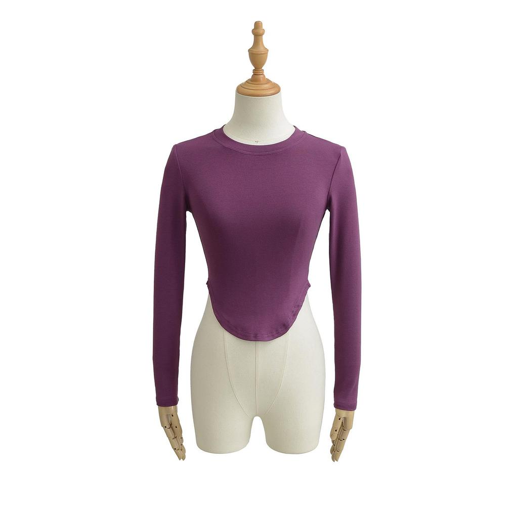 Women's Pilates Crew Neck Long Sleeve Yoga Top - Curved Hem, Spring/Summer Style