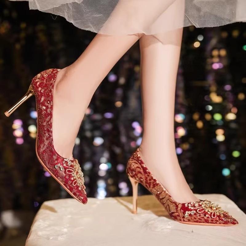 Fashion Women High Heel Shoes Elegant Fashion Pointed Tip Fine High Heels Womens Water Diamond Banquet Party Wedding Shoes Zapatos Mujer
