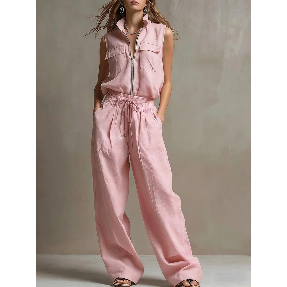 Women s Sleeveless Zip Front Vest  Wide Leg Pants 2 Piece Casual Loungewear Set S розовый