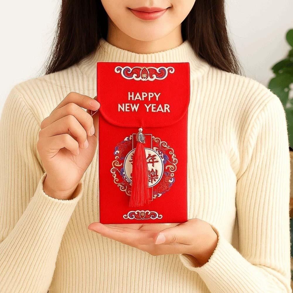 Traditional Spring Festival Red Envelope Printed Tassels Lucky Money Packet Blessing Bonus God of Wealth Red Pocket Birthday