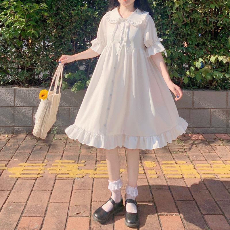 Japanese Lolita Style Summer Women White Dress Peter Pan Collar High Waist Loose Dress Flare Sleeve Party Cute Kawaii Dress