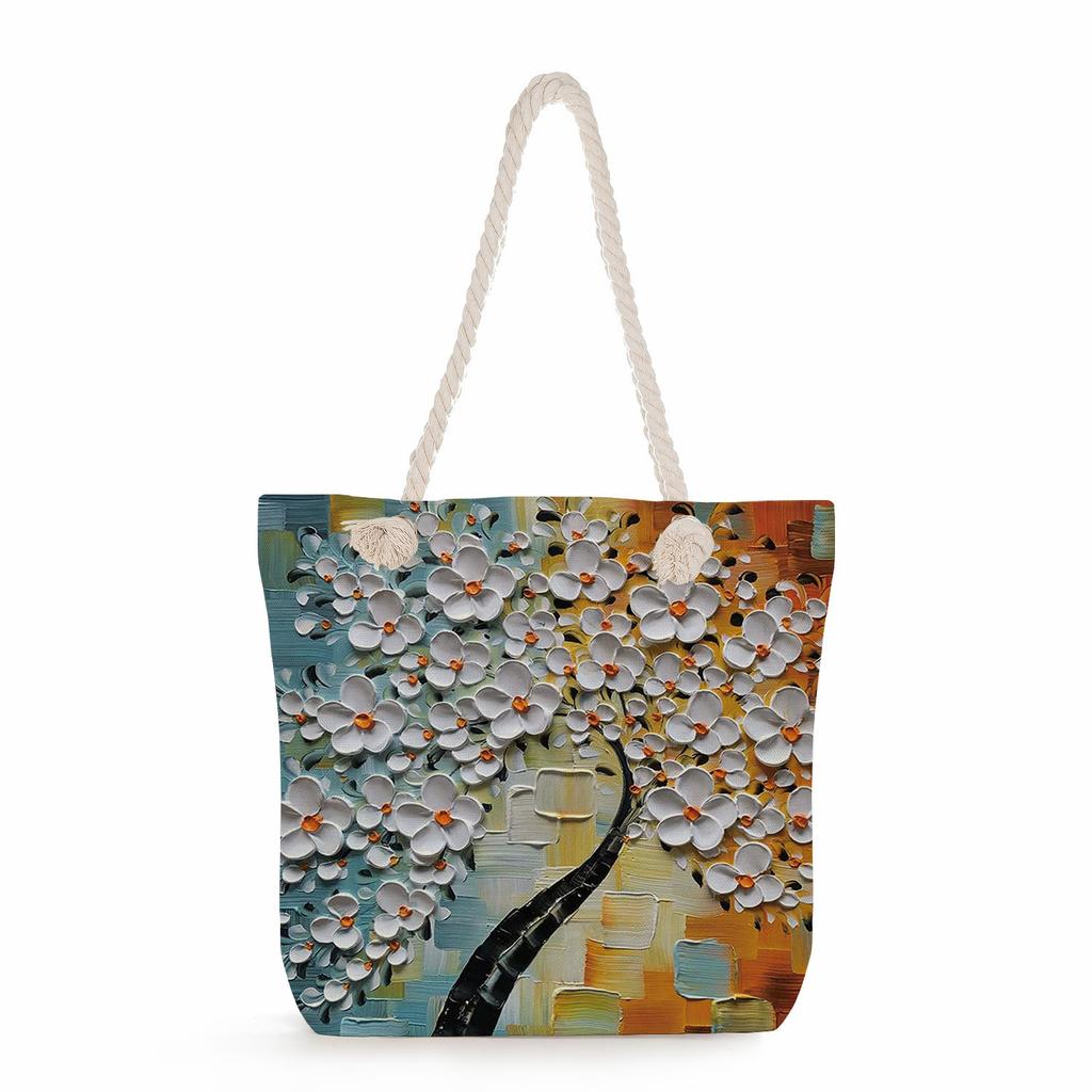 Oil Painting of a Tree Print Thick Rope Single-shoulder Beach Bag 7239
