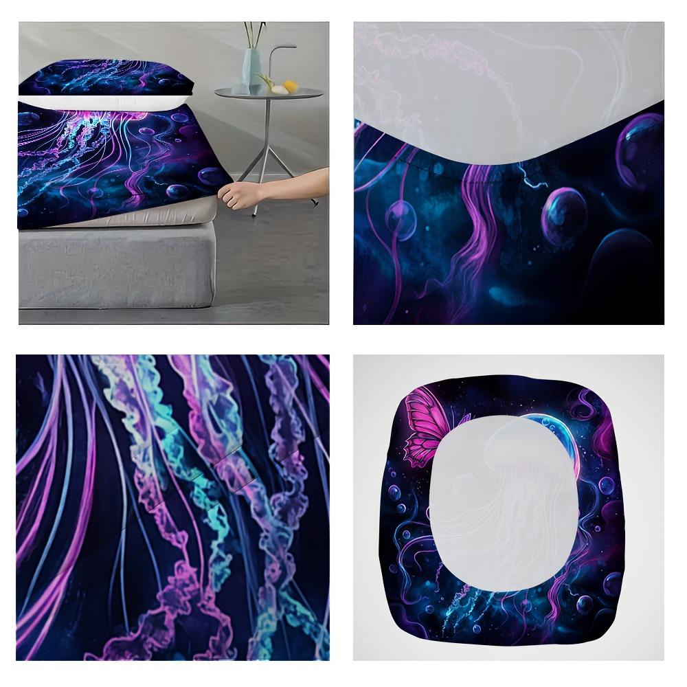 1 τεμ. Σεντόνι με Λάστιχο Μωβ Μέδουσα Γάτα 3D Εκτύπωση 100% Πολυεστερικό Κάλυμμα Αναπνεύσιμο Σετ Κλινοσκεπασμάτων Διακόσμηση Σπιτιού χωρίς Μαξιλαροθήκες