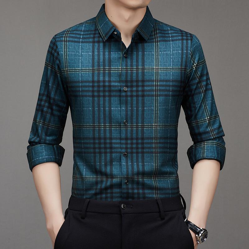 Pánská košile s dlouhým rukávem Volná Jarní a podzimní Nová pánská kostkovaná košile Nežehlivá Strečová košile