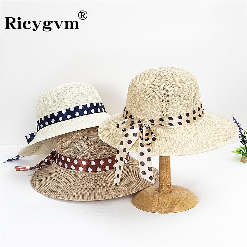 Fashion Dot Ribbon Bowknot Straw Hat for Women Summer Travel Beach Mesh Breathable Large Brim Sunshade Cap Girls Fisherman Hat