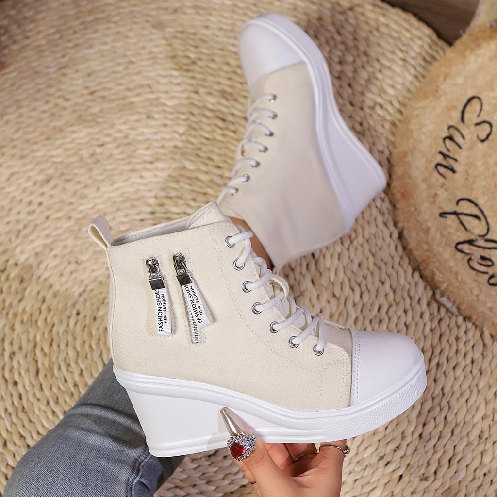 Wedge Side Zipper Increased High Breathable Sneakers 2025 New Women Lace-Up Platform Outdoor Wedge Invisible Heel Canvas Shoes