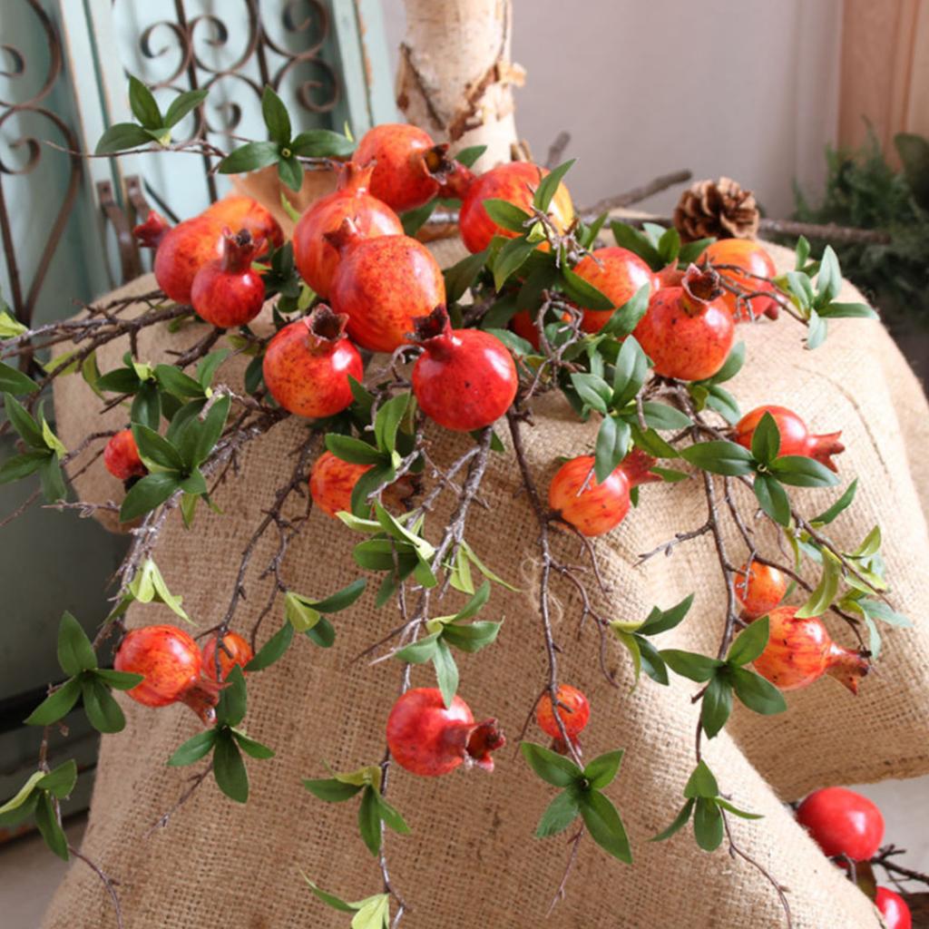 6 Head Artificial Pomegranate Branch Stem Faux Fruit for Vase Realistic Faux Pomegranates Tree Branch for Decoration