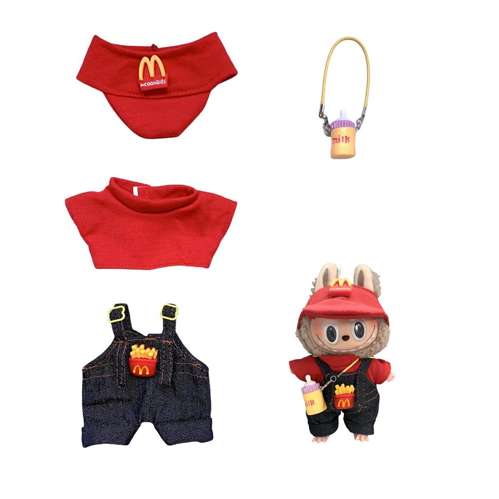 Clothes for Labubu  15-17cm  Plush doll clothing set lbb,  hair band, t-shirt, trousers, 15cm cotton doll bag, dress accessories